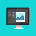 Photo or graphic editor on desktop computer monitor vector icon, flat cartoon pc screen with design or image editing Royalty Free Stock Photo