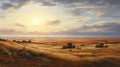 Antique Prairiecore Painting: Detailed Sunset Heath With High Horizon Line Royalty Free Stock Photo