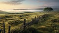 Misty Morning: Layered Landscapes Of English Countryside With Stone Fence Royalty Free Stock Photo