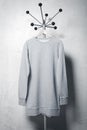 Photo of gray sweatshirt hanging on the hanger. Vertical