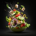 Flying greek salad in dark black studio background. AI generated illustration.