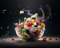Greek salad in dark black studio background. AI generated illustration.