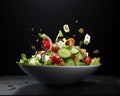 Photo of greek salad. tomato, bread, cucumber, cheese, and onion flying salad. generative ai