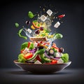 Photo of greek salad. tomato, bread, cucumber, cheese, and onion flying salad. generative ai