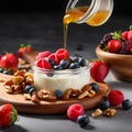 Photo of Greek yogurt with honey, nuts, and fresh berries