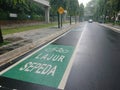 Green bicycle track and road sign in indonesia language, jalur sepeda Royalty Free Stock Photo