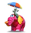 Mahout frog with summer parasol riding pink elephant