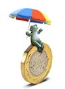 Green frog sitting on british pound coin with parasol