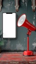 Photo Greeting card setup Red megaphone, white screen for Ramadan posts