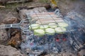 Photo of grill for barbecue with vegetables and sausages on fire in forest Royalty Free Stock Photo