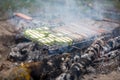 Photo of grill for barbecue with vegetables and sausages on fire in forest , Royalty Free Stock Photo