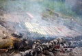 Photo of grill for barbecue with vegetables and sausages on fire in forest Royalty Free Stock Photo