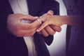 Groom Putting Ring on Bride`s Finger