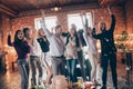 Photo of group amazing friends throwing confetti surprise baby born party meeting future parents raising hands big cake Royalty Free Stock Photo