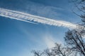 The photo of a group of crisp and blurred white traces of airplanes in a blue sky with dark silhouettes of branches of apple trees