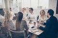 Photo of group freelancers people sit table boardroom tell talk say speak way-out crisis company growth plan solution Royalty Free Stock Photo