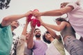 Photo of group picnic time best buddies hold beer glass clink toast wear casual outfit nature seaside beach outdoors