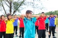 Group of Thai student are doing exercise together in the basketball field in the morning at Paknampran wittaya school Hua Hin, Th