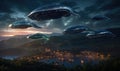 Photo of a group of unidentified flying objects hovering over a city at night