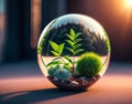 A plant growing in a bubble, the perfect background for the international Earth Day. Nature protection metaphor. AI generated