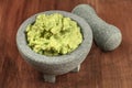 A photo of guacamole sauce in a molcajete, traditional Mexican bowl Royalty Free Stock Photo