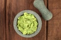 A photo of guacamole sauce in a molcajete, traditional Mexican bowl Royalty Free Stock Photo