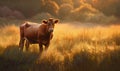 Photo of Guernsey cow grazing in a lush golden meadow at sunrise lighting emphasizes the cows gentle nature and iconic rust Royalty Free Stock Photo