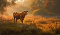 Photo of Guernsey cow grazing in a lush golden meadow at sunrise lighting emphasizes the cows gentle nature and iconic rust Royalty Free Stock Photo