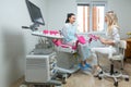 Photo of a gynecologist doctor and a patient on a gynecological chair. Preventive reception, preparation for medical