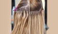 Photo before and after hair extensions to a young girl, a blonde in a beauty salon. Royalty Free Stock Photo
