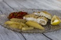 Photo by hake dish with baked potatoes Royalty Free Stock Photo