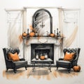 Whitewall Halloween Interior Design Sketch With Chaise Lounge And Mantle Royalty Free Stock Photo