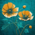 High Detailed Art Deco Poppy Painting On Turquoise Background