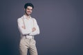 Photo of handsome business man hands crossed toothy beaming smiling chief dressed formalwear white shirt beige