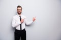 Photo of handsome business man professional indicating fingers empty space advising low price product wear specs shirt