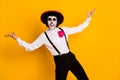 Photo of handsome funny man excited open mouth raise hands epic finale latin energetic dance wear white shirt rose