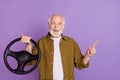 Photo of handsome grandpa empty space auto service white hair wear stylish yellow plaid shirt on lilac violet