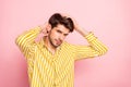 Photo of handsome guy holding hands in perfect hairdo beauty treatment concept seriously looking on camera wear hipster