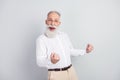 Photo of handsome hooray grey hair old man hands fists wear spectacles shirt on grey color background