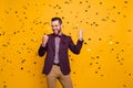 Photo of handsome stylish clothes look guy business man confetti falling successful best worker raise fists delighted Royalty Free Stock Photo