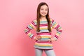 Photo happiness small girl child candid posing little model stylish clothes store boutique discount isolated on pink