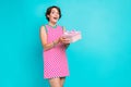 Photo of happiness young girlfriend happy valentine day holiday celebration hold pink surprise box isolated on