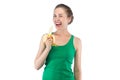 Photo of happy blinking woman with banana