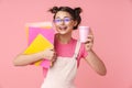 Photo of happy charming girl holding exercise books and paper cup Royalty Free Stock Photo