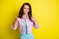 Photo of happy cheerful charming lovely woman showing thumb-up like excellent isolated on yellow color background