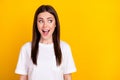 Photo of happy excited crazy amazed beautiful woman look copyspace see huge sale isolated on yellow color background Royalty Free Stock Photo