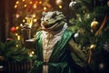 Happy green dragon with champagne on decorated christmas tree background