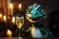 Happy green dragon with champagne on decorated christmas tree background