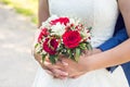 Photo of happy just married wedding couple holding a bouquet Royalty Free Stock Photo