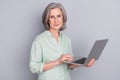 Photo of happy lovely beautiful mature businesswoman in glasses working in laptop isolated on grey color background Royalty Free Stock Photo